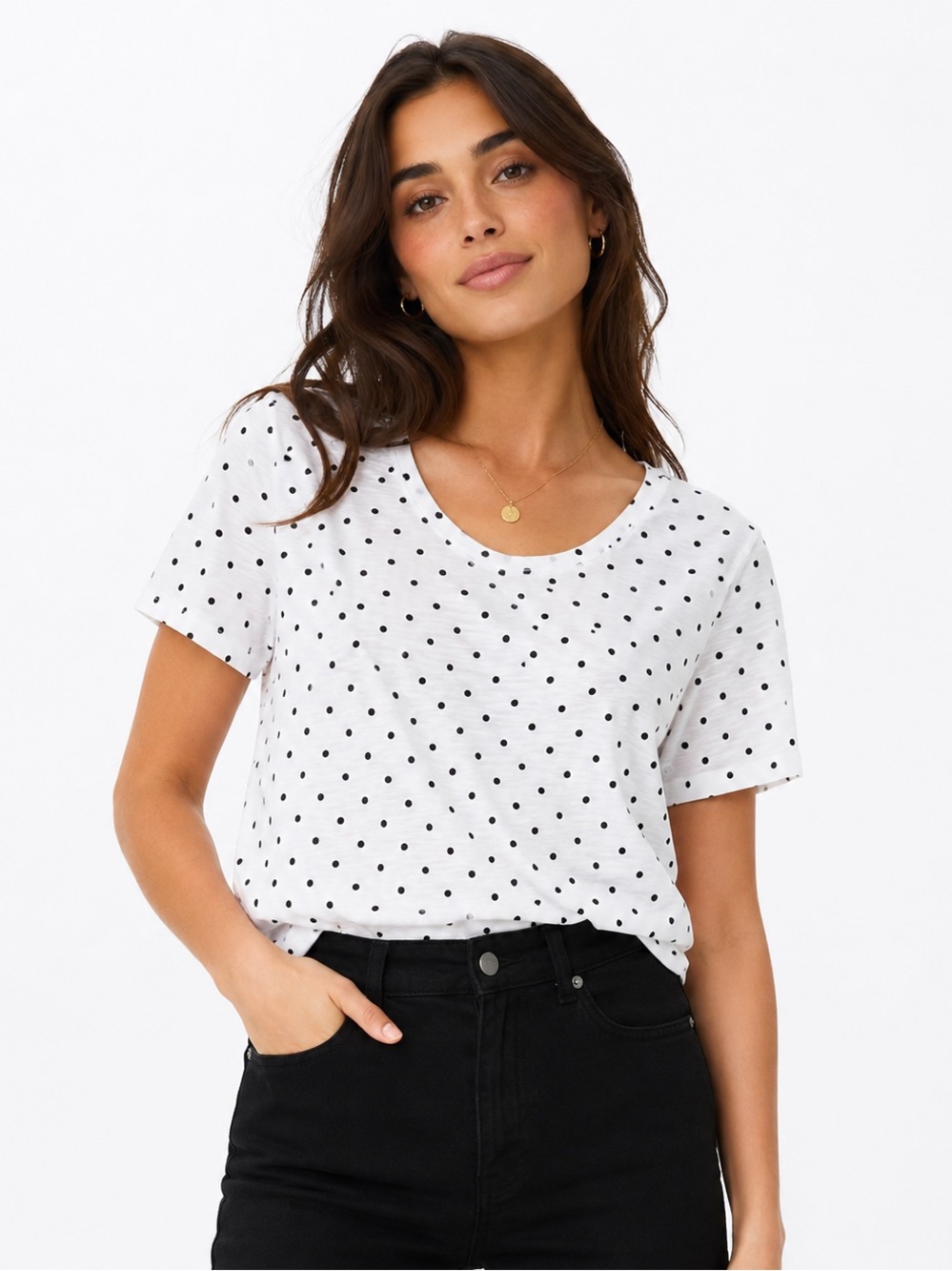 Polka Dot Scoop Neck Cotton Tee